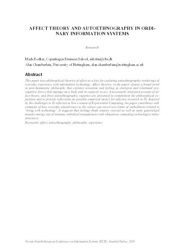 Affect theory and autoethnography in ordinary information systems Thumbnail