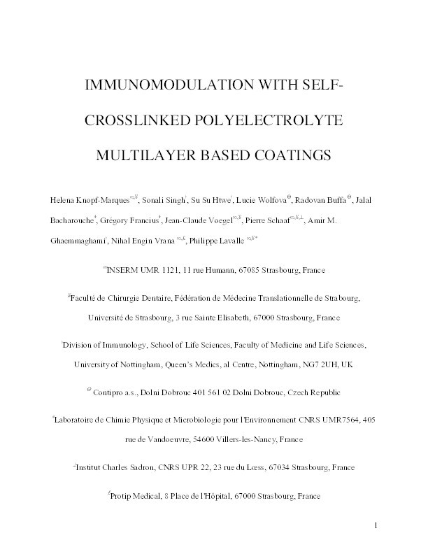Immunomodulation with self-crosslinked polyelectrolyte multilayer-based coatings Thumbnail