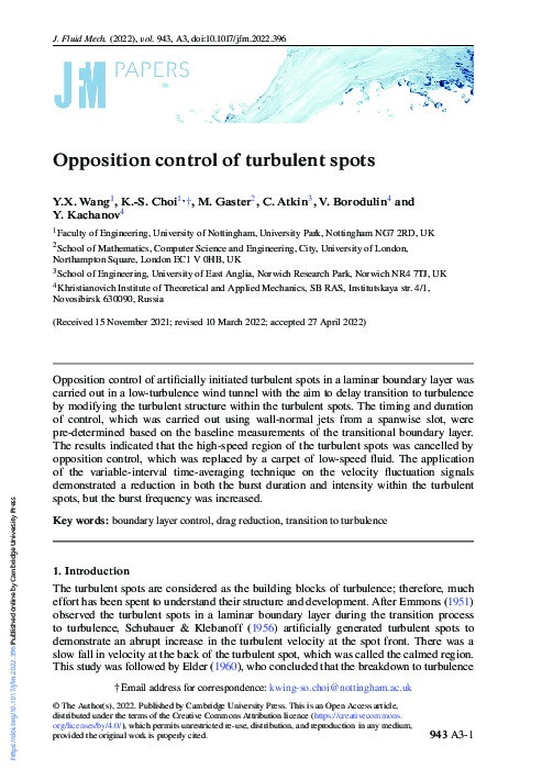 Opposition control of turbulent spots Thumbnail