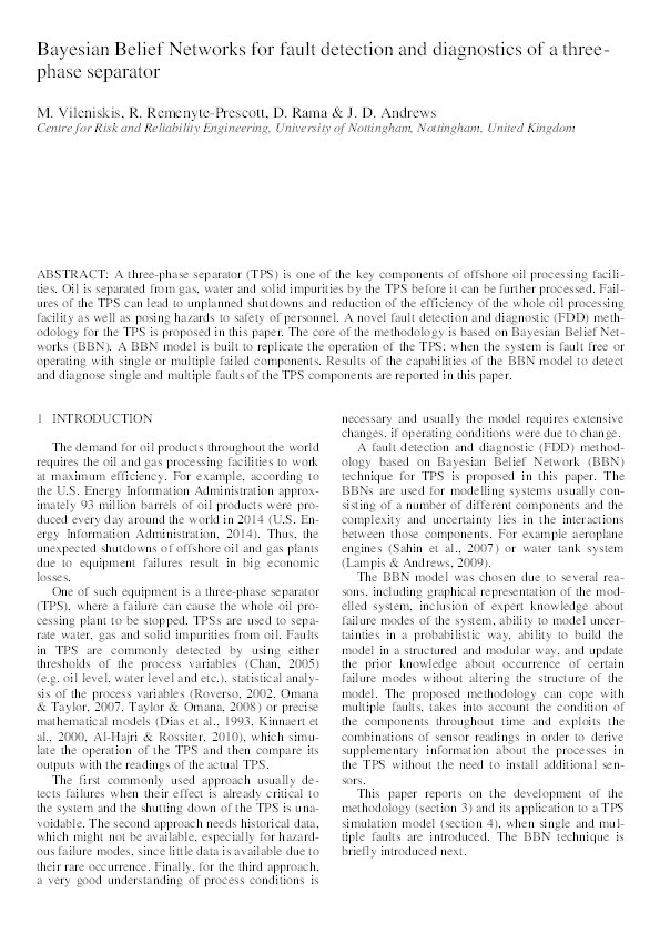 Bayesian belief networks for fault detection and diagnostics of a three-phase separator Thumbnail