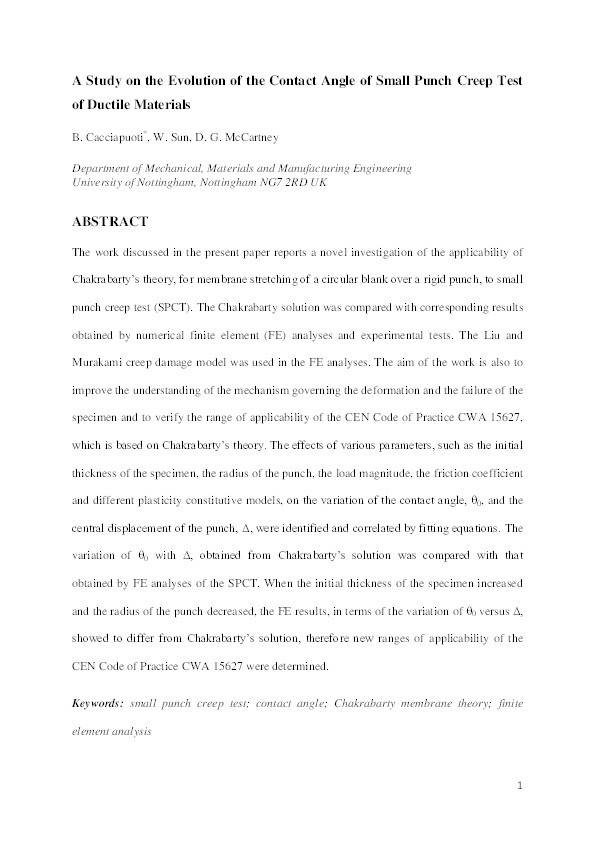 A study on the evolution of the contact angle of small punch creep test of Ductile materials Thumbnail