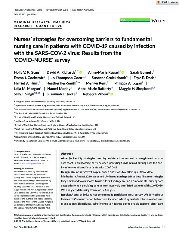 Nurses’ strategies for overcoming barriers to fundamental nursing care in patients with COVID-19 caused by infection with the SARS-COV-2 virus: Results from the ‘COVID-NURSE’survey Thumbnail