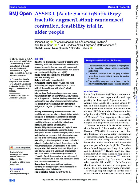 ASSERT (Acute Sacral inSufficiEncy fractuRe augmenTation): randomised controlled, feasibility trial in older people Thumbnail