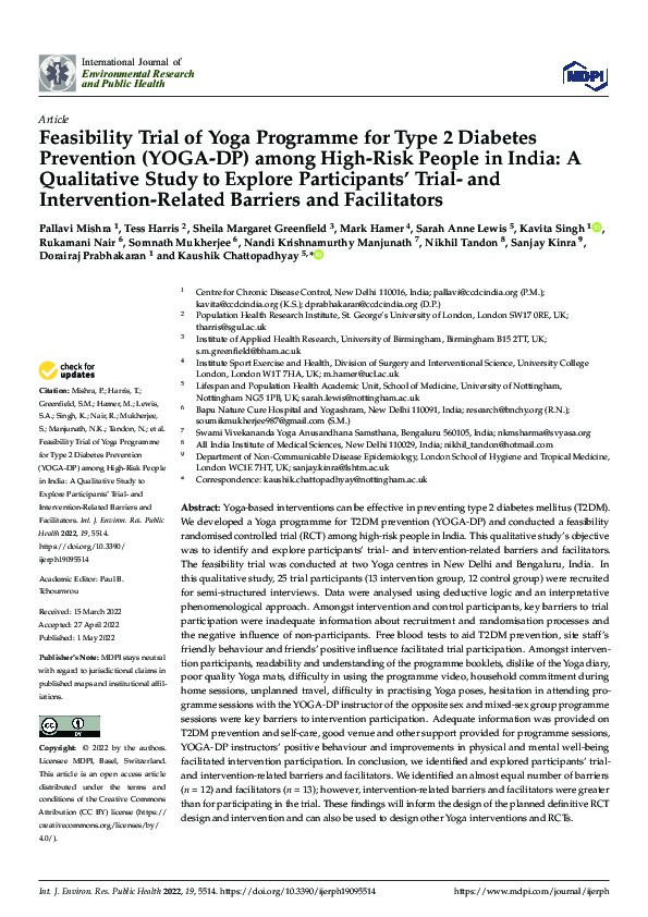 Feasibility Trial of Yoga Programme for Type 2 Diabetes Prevention (YOGA-DP) among High-Risk People in India: A Qualitative Study to Explore Participants’ Trial- and Intervention-Related Barriers and Facilitators Thumbnail