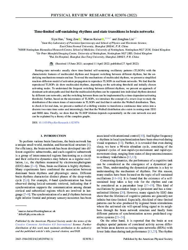 Time-limited self-sustaining rhythms and state transitions in brain networks Thumbnail