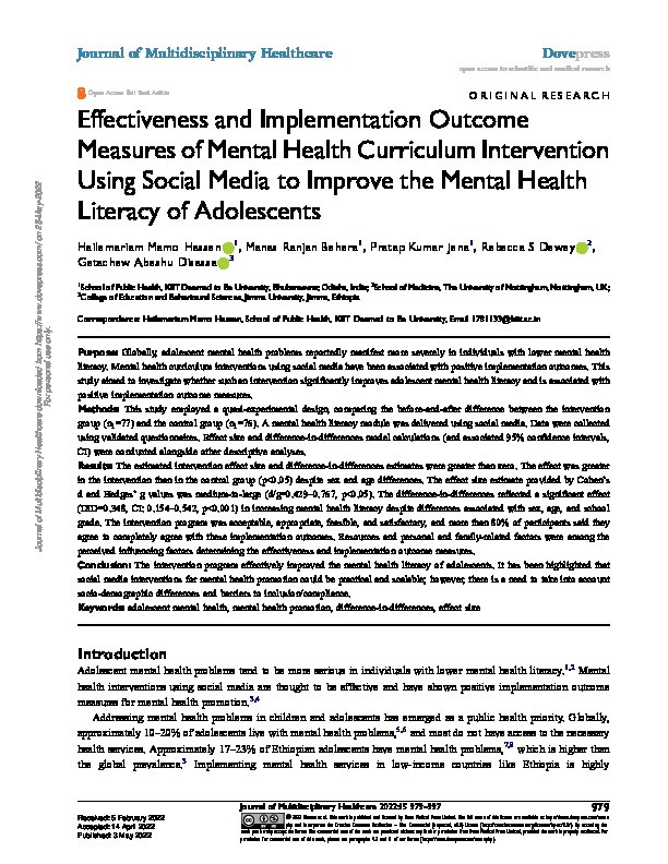 Effectiveness and Implementation Outcome Measures of Mental Health Curriculum Intervention Using Social Media to Improve the Mental Health Literacy of Adolescents Thumbnail