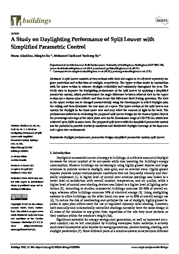 A Study on Daylighting Performance of Split Louver with Simplified Parametric Control Thumbnail