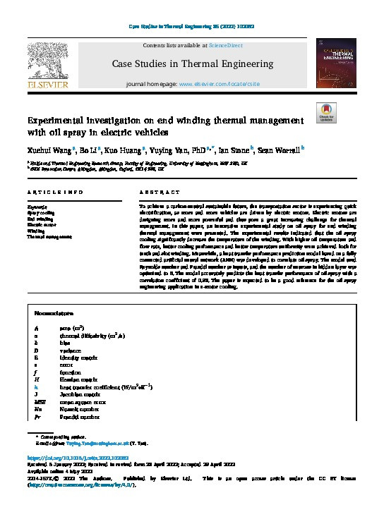 Experimental investigation on end winding thermal management with oil spray in electric vehicles Thumbnail