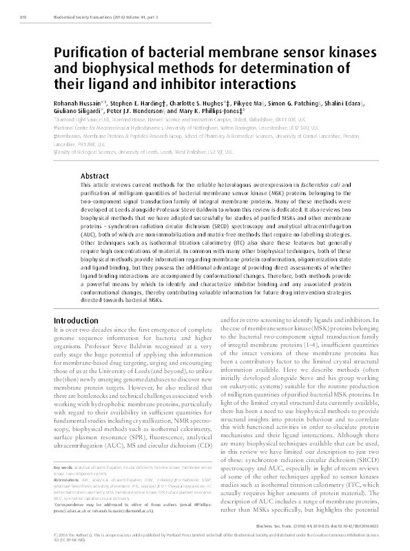 Purification of bacterial membrane sensor kinases and biophysical methods for determination of their ligand and inhibitor interactions Thumbnail