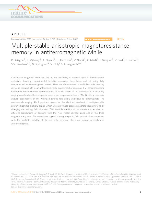 Multiple-stable anisotropic magnetoresistance memory in antiferromagnetic MnTe Thumbnail