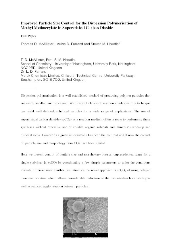 Improved particle size control for the dispersion polymerization of methyl methacrylate in supercritical carbon dioxide Thumbnail