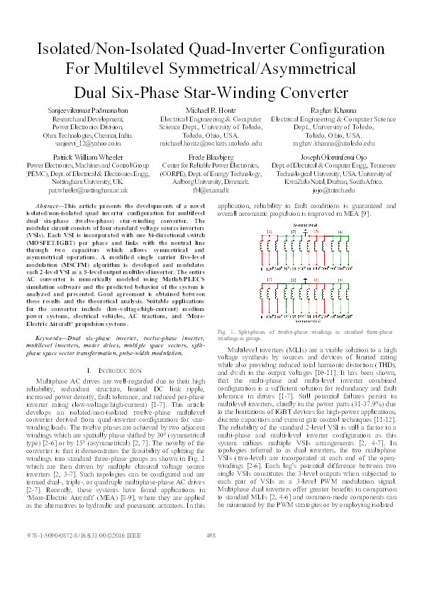 Isolated/non-isolated quad-inverter configuration for multilevel symmetrical/asymmetrical dual six-phase star-winding converter Thumbnail