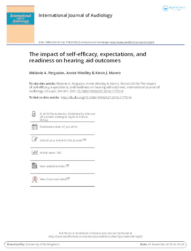 The impact of self-efficacy, expectations, and readiness on hearing aid outcomes Thumbnail