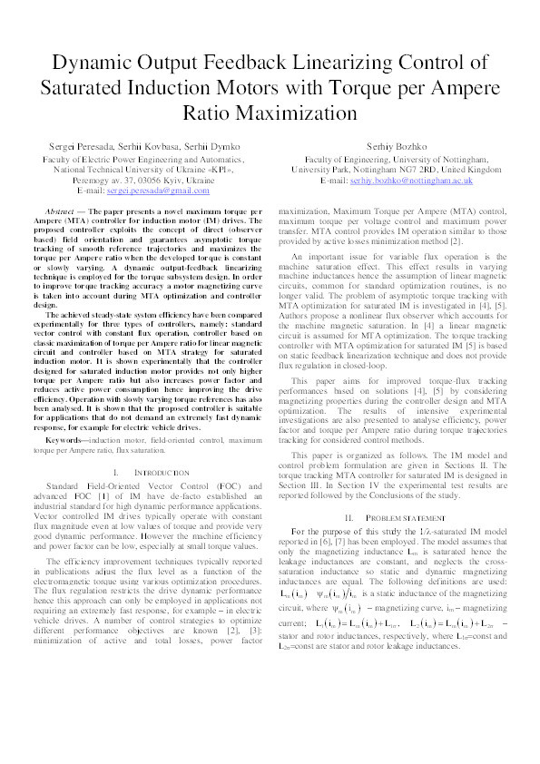 Dynamic output feedback linearizing control of saturated induction motors with torque per ampere ratio maximization Thumbnail