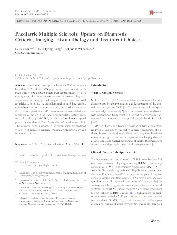 Pediatric multiple sclerosis: update on diagnostic criteria, imaging, histopathology and treatment choices Thumbnail