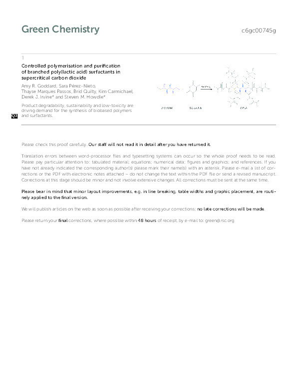 Controlled polymerisation and purification of branched poly(lactic acid) surfactants in supercritical carbon dioxide Thumbnail