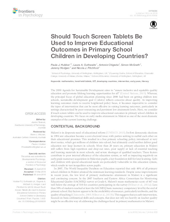 Should touch screen tablets be used to improve educational outcomes in primary school children in developing countries? Thumbnail