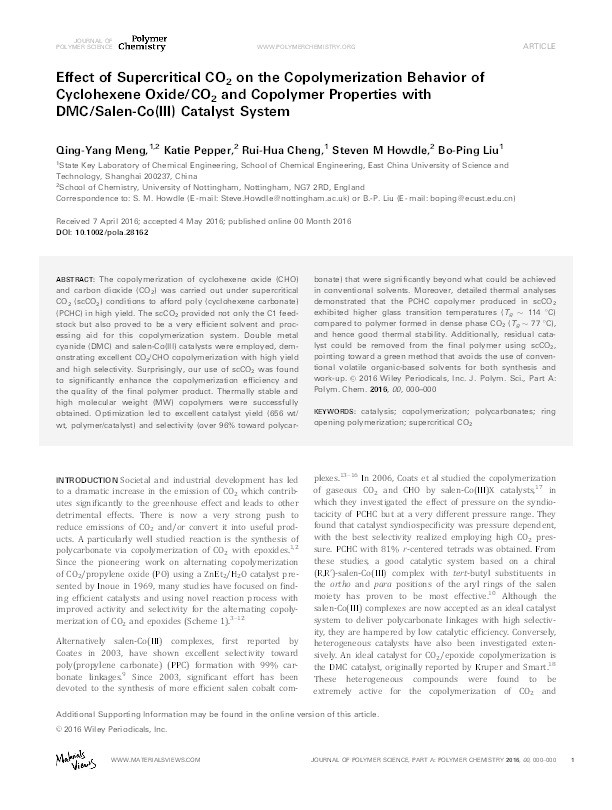 Effect of supercritical CO2 on the copolymerization behavior of cyclohexene oxide/CO2 and copolymer properties with DMC/salen-Co(III) catalyst system Thumbnail