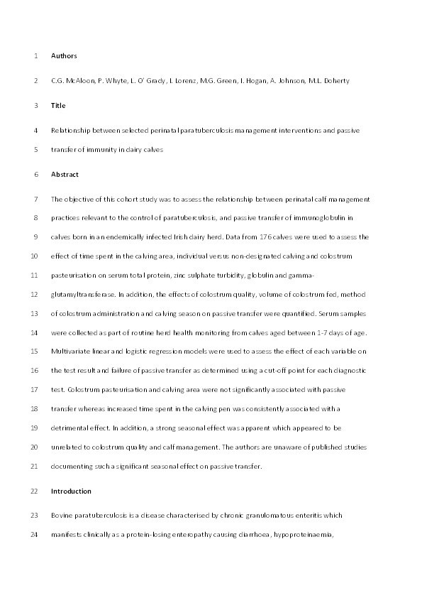 Relationship between selected perinatal paratuberculosis management interventions and passive transfer of immunity in dairy calves Thumbnail