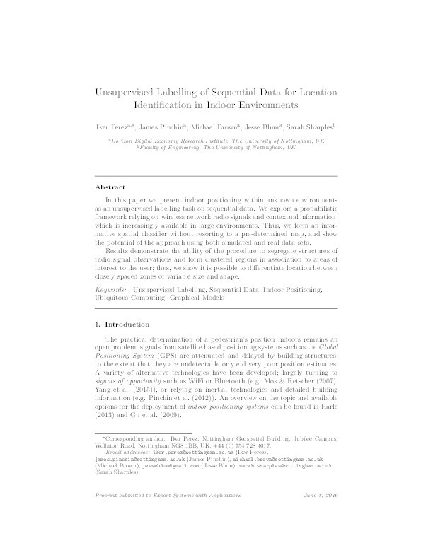 Unsupervised labelling of sequential data for location identification in indoor environments Thumbnail