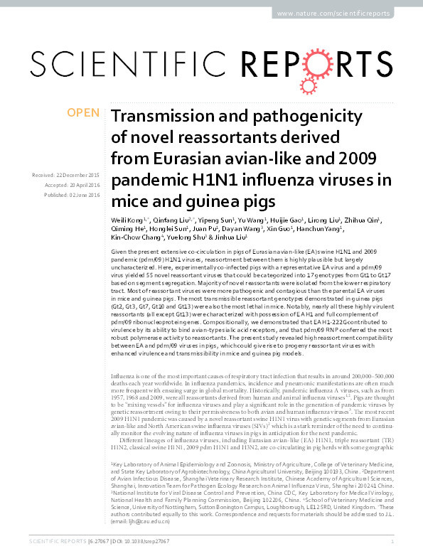 Transmission and pathogenicity of novel reassortants derived from Eurasian avian-like and 2009 pandemic H1N1 influenza viruses in mice and guinea pigs Thumbnail