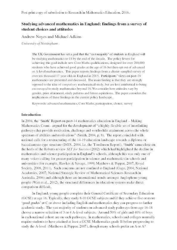 Studying advanced mathematics in England: findings from a survey of student choices and attitudes Thumbnail