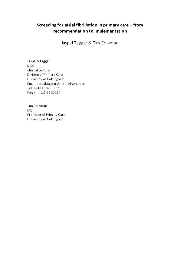 Screening for atrial fibrillation in primary care: from recommendation to implementation Thumbnail