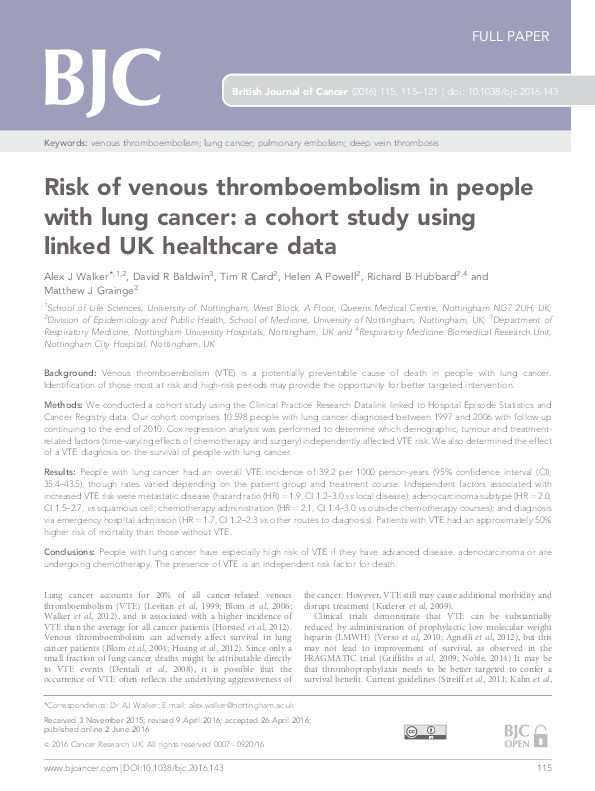 Risk of venous thromboembolism in people with lung cancer: a cohort study using linked UK healthcare data Thumbnail
