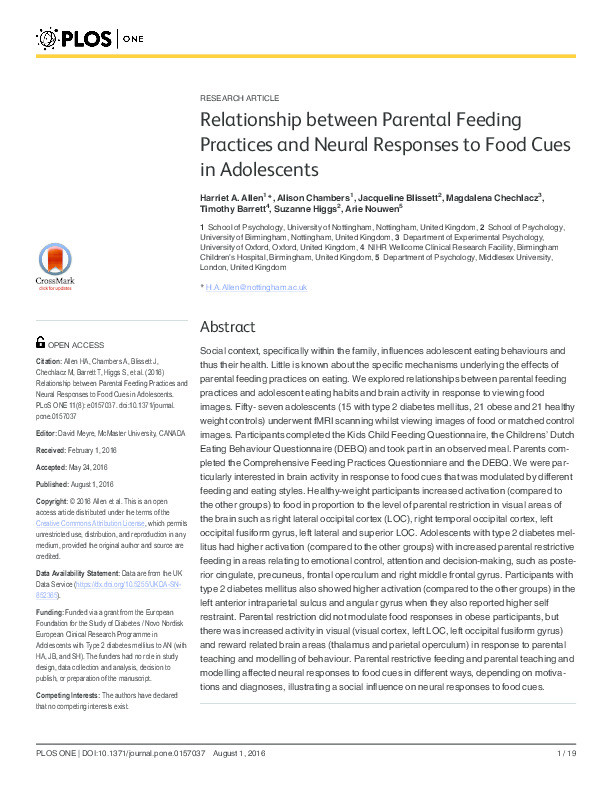 Relationship between parental feeding practices and neural responses to food cues in adolescents Thumbnail
