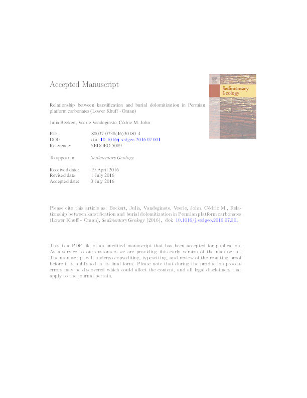 Relationship between karstification and burial dolomitization in Permian platform carbonates (Lower Khuff - Oman) Thumbnail