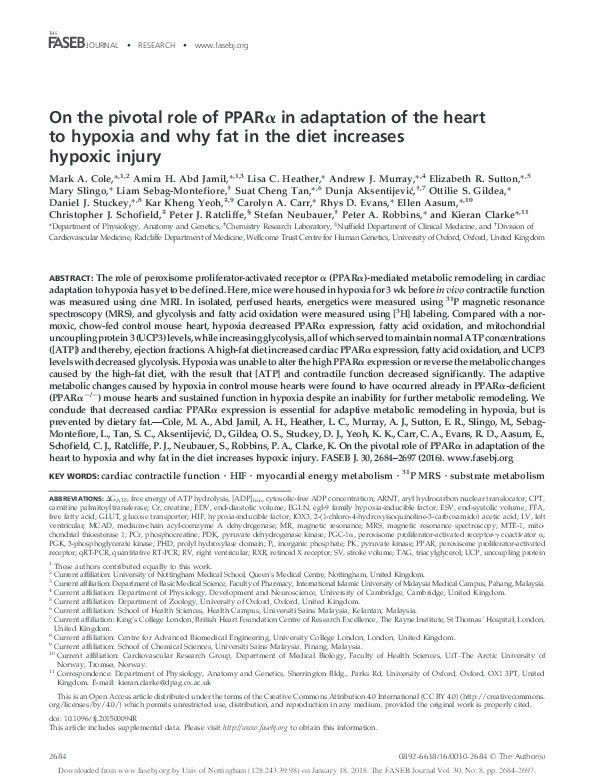 On the pivotal role of PPARa in adaptation of the heart to hypoxia and why fat in the diet increases hypoxic injury Thumbnail