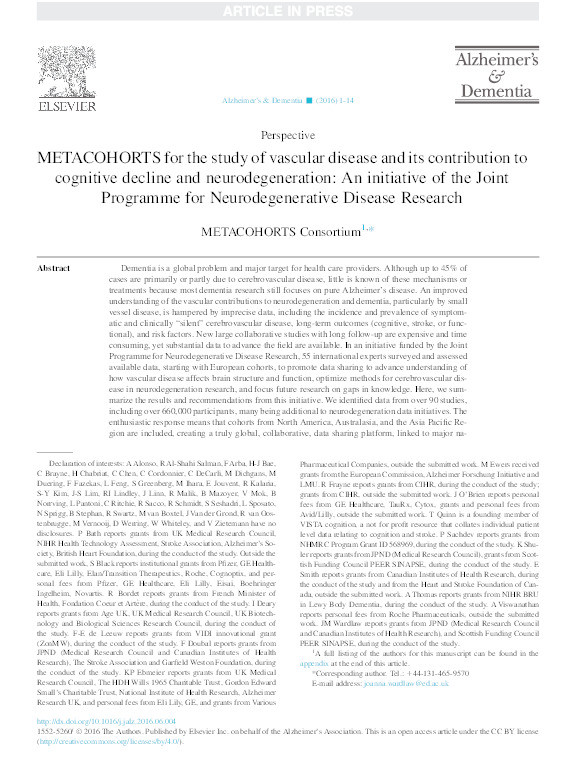 METACOHORTS for the study of vascular disease and its contribution to cognitive decline and neurodegeneration: an initiative of the Joint Programme for Neurodegenerative Disease Research Thumbnail