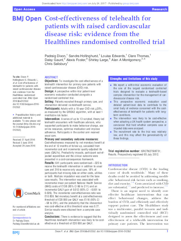 Cost-effectiveness of telehealth for patients with raised cardiovascular disease risk: evidence from the Healthlines randomised controlled trial Thumbnail