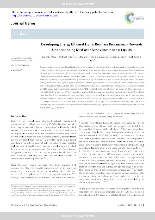 Developing energy efficient lignin biomass processing – towards understanding mediator behaviour in ionic liquids Thumbnail