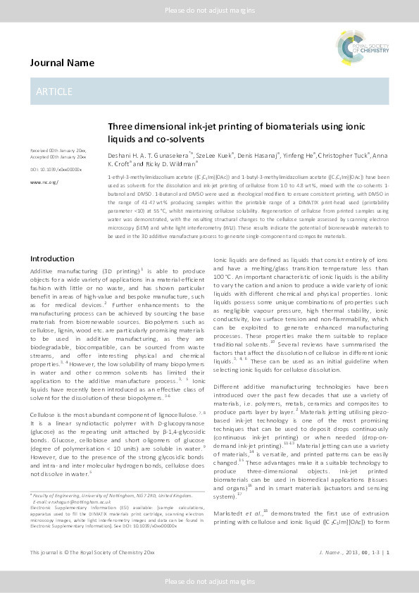 Three dimensional ink-jet printing of biomaterials using ionic liquids and co-solvents Thumbnail