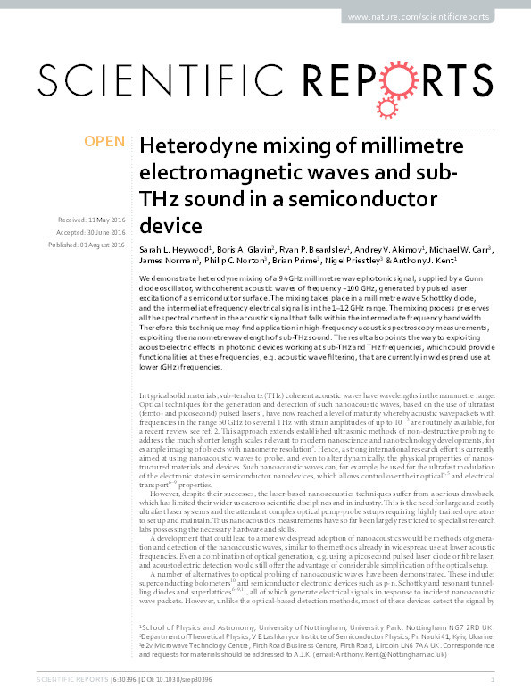 Heterodyne mixing of millimetre electromagnetic waves and sub-THz sound in a semiconductor device Thumbnail