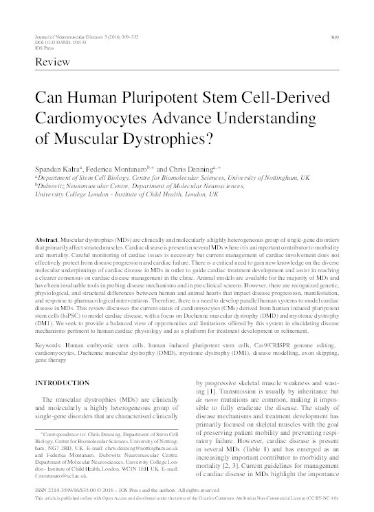 Can human pluripotent stem cell-derived cardiomyocytes advance understanding of muscular dystrophies? Thumbnail
