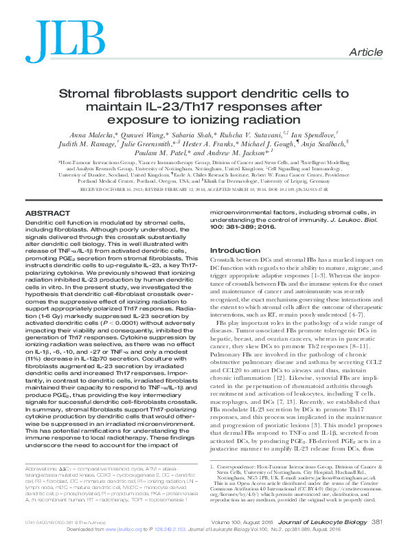 Stromal fibroblasts support dendritic cells to maintain IL-23/Th17 responses after exposure to ionizing radiation Thumbnail