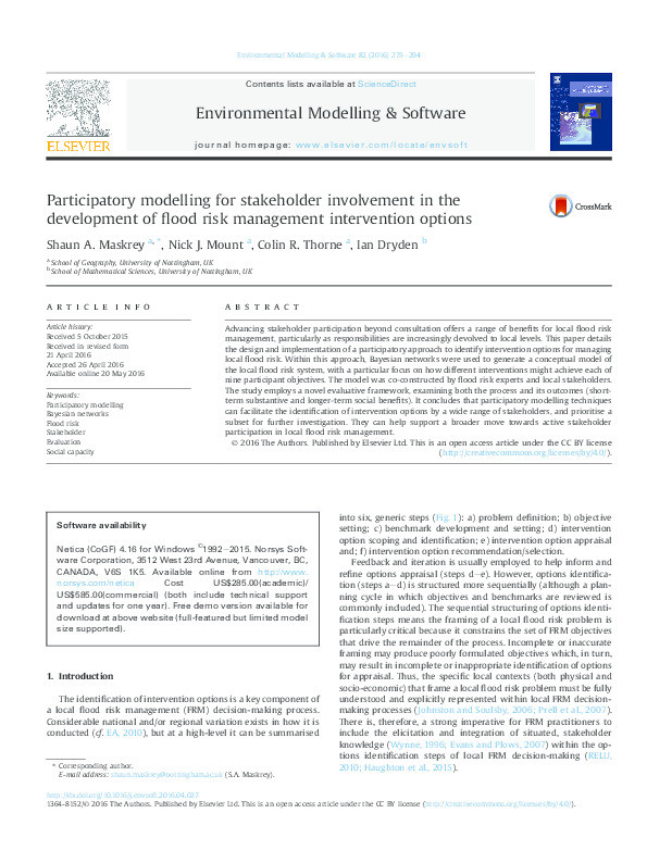 Participatory modelling for stakeholder involvement in the development of flood risk management intervention options Thumbnail