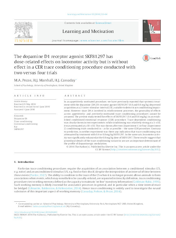 The dopamine D1 receptor agonist SKF81297 has dose-related effects on locomotor activity but is without effect in a CER trace conditioning procedure conducted with two versus four trials Thumbnail