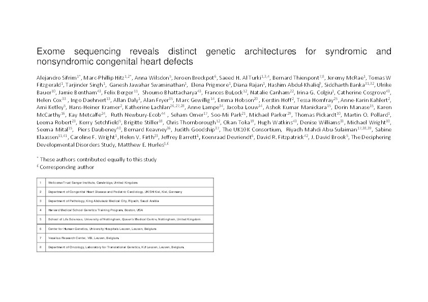 Distinct genetic architectures for syndromic and nonsyndromic congenital heart defects identified by exome sequencing Thumbnail