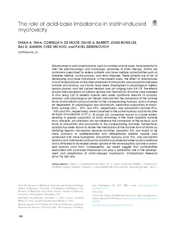 The role of acid-base imbalance in statin-induced myotoxicity Thumbnail