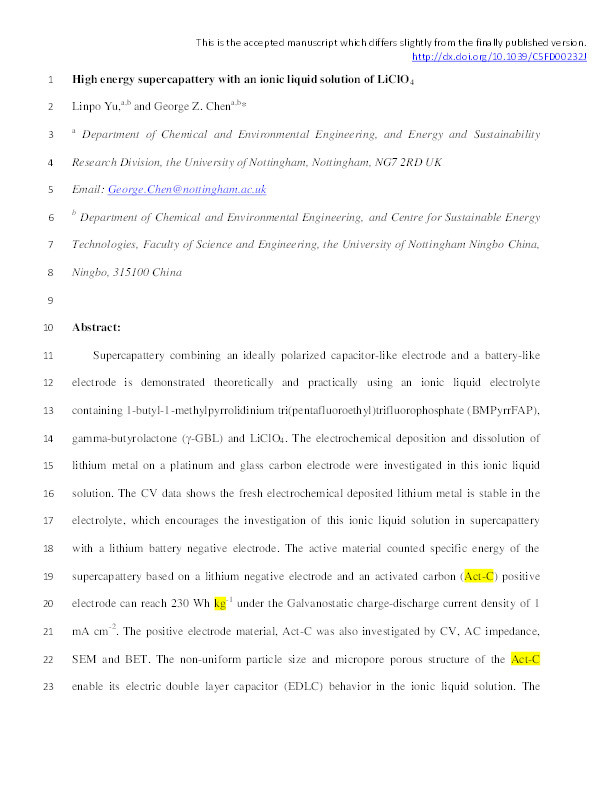 High energy supercapattery with an ionic liquid solution of LiClO4 Thumbnail