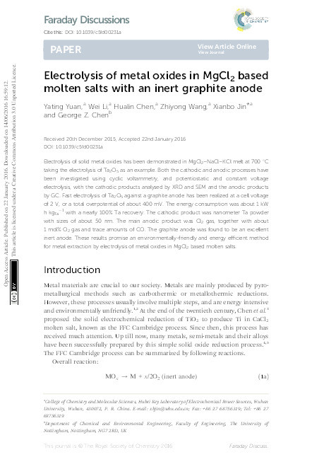 Electrolysis of metal oxides in MgCl2 based molten salts with an inert graphite anode Thumbnail