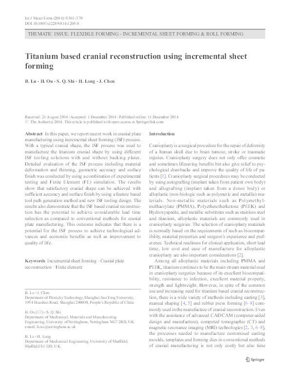 Titanium based cranial reconstruction using incremental sheet forming Thumbnail