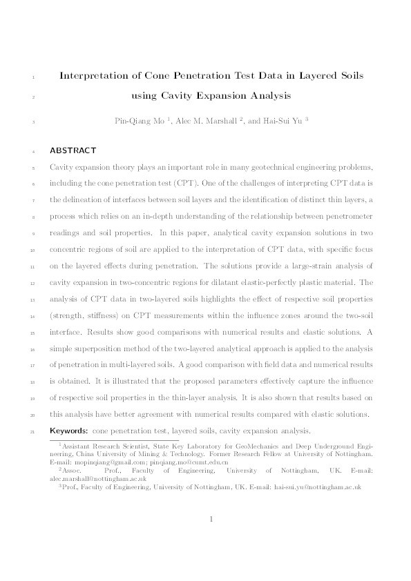 Interpretation of cone penetration test data in layered soils using cavity expansion analysis Thumbnail