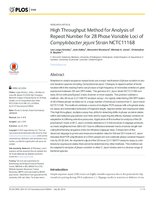 High throughput method for analysis of repeat number for 28 phase variable loci of C. jejuni strain NCTC11168 Thumbnail