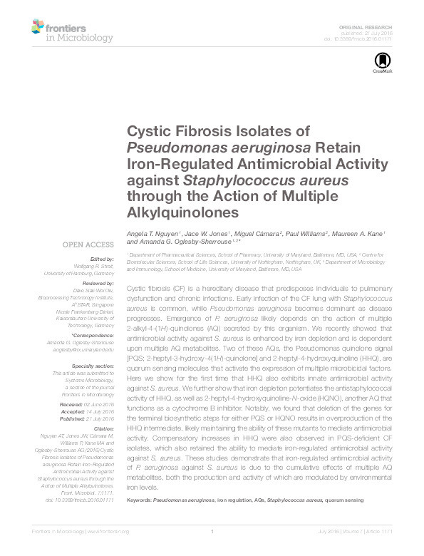 Cystic Fibrosis isolates of Pseudomonas aeruginosa retain iron-regulated antimicrobial activity against Staphylococcus aureus through the action of multiple alkylquinolones Thumbnail