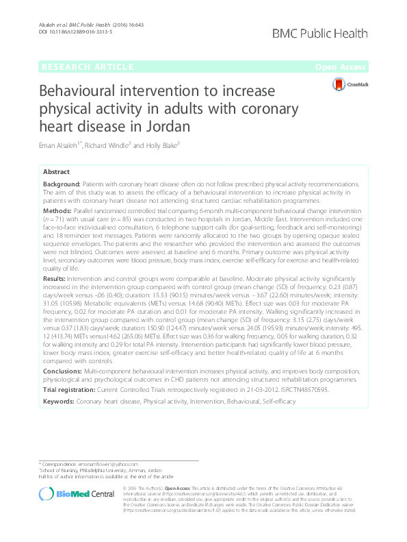 Behavioural intervention to increase physical activity in adults with coronary heart disease in Jordan Thumbnail