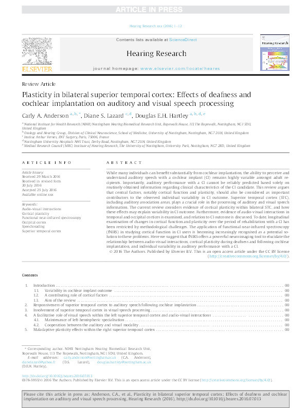 Plasticity in bilateral superior temporal cortex: Effects of deafness and cochlear implantation on auditory and visual speech processing Thumbnail
